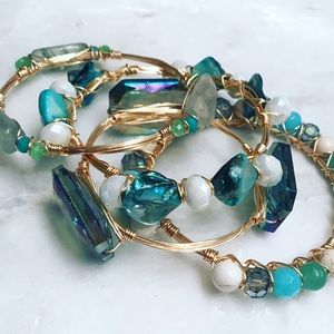 MOTHER OF PEARL/CRYSTAL WIRE WRAPPED BANGLE STACK